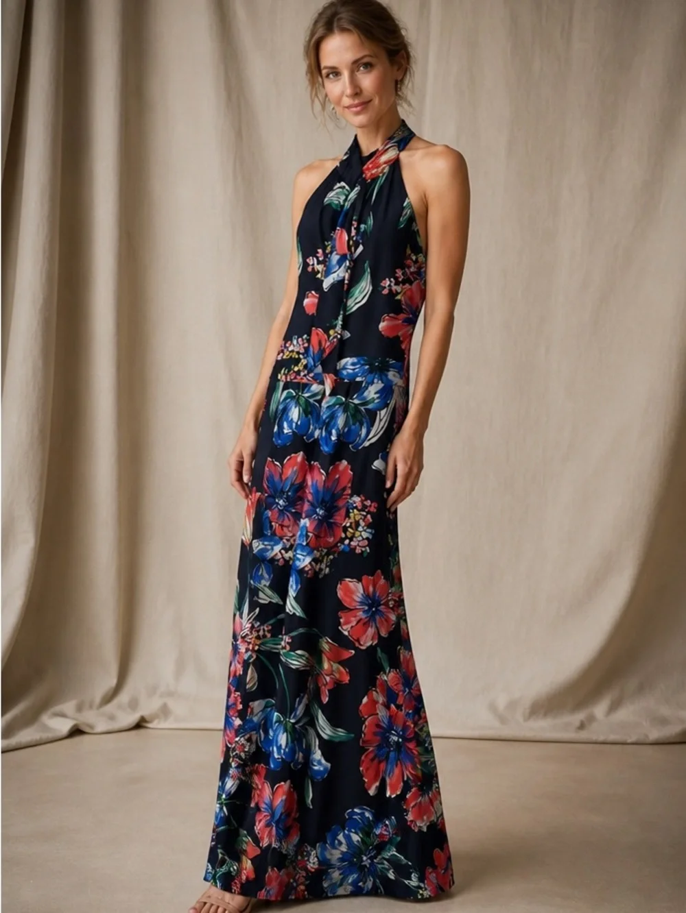 Halter-Neck Floral Maxi Dress in Navy